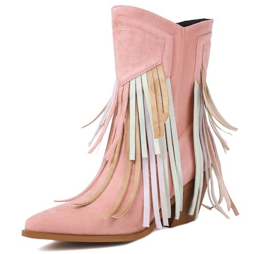 Roimaash Mode Pink Cowgirl Stiefel Ankle High Franse Cowboy Stiefel Embroidery Pull on Mid Heel Quasten Western Stiefeletten Wide Calf Wildleder Pink Plus Size 34 von Roimaash