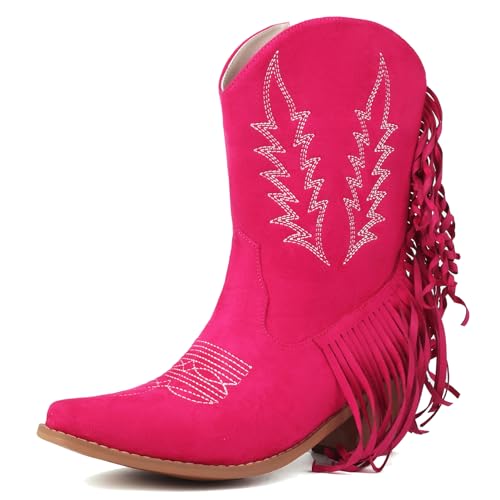 Roimaash Mode Pink Cowgirl Stiefel Ankle High Franse Cowboy Stiefel Embroidery Pull on Mid Heel Western Stiefeletten Wide Calf Wildleder Rosered Plus Size 35 von Roimaash