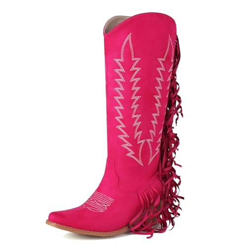 Roimaash Mode Pink Cowgirl Stiefel Mid Calf Franse Cowboy Stiefel Embroidery Pull on Mid Heel Western Mid Stiefel Wide Calf Wildleder Rosered Plus Size 45 von Roimaash