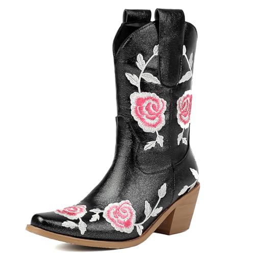 Roimaash Mode Rose Embroidery Cowgirl Stiefel Ankle High Cowboy Stiefel Pull on Mid Heel Western Stiefeletten Wide Calf Country Stiefel Blume Black Plus Size 37 von Roimaash