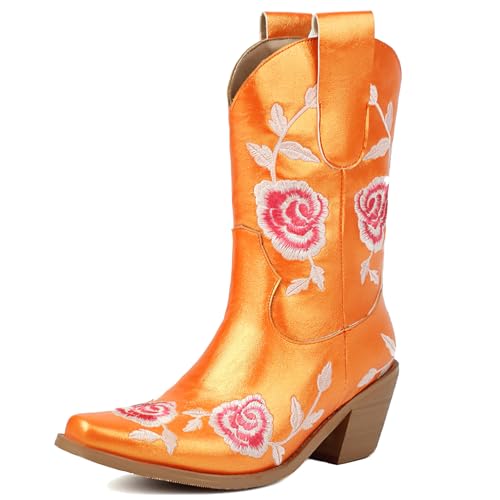 Roimaash Mode Rose Embroidery Cowgirl Stiefel Ankle High Cowboy Stiefel Pull on Mid Heel Western Stiefeletten Wide Calf Country Stiefel Blume Orange Plus Size 34 von Roimaash