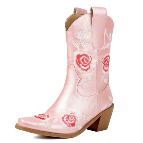 Roimaash Mode Rose Embroidery Cowgirl Stiefel Ankle High Cowboy Stiefel Pull on Mid Heel Western Stiefeletten Wide Calf Country Stiefel Blume Pink Plus Size 34 von Roimaash