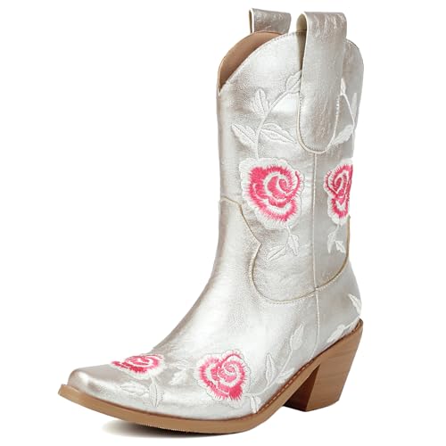 Roimaash Mode Rose Embroidery Cowgirl Stiefel Ankle High Cowboy Stiefel Pull on Mid Heel Western Stiefeletten Wide Calf Country Stiefel Blume Silver Plus Size 41 von Roimaash