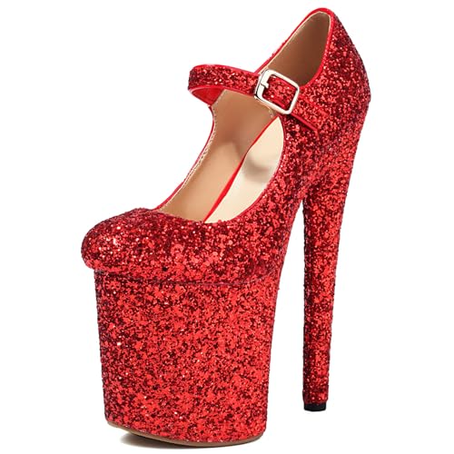 Roimaash Pole Dance Heels Stiletto Hohe Ferse Mary Jane Pumps Plateau 8 Inch Exotic Dancer ScHohe Peep Toe Abend Party Heels Dressy Glitzer Red Size 35 von Roimaash