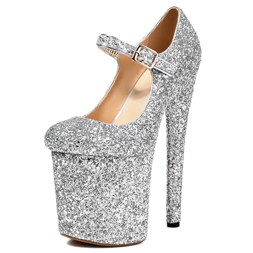 Roimaash Pole Dance Heels Stiletto Hohe Ferse Mary Jane Pumps Plateau 8 Inch Exotic Dancer ScHohe Peep Toe Abend Party Heels Dressy Glitzer Silver Size 36 von Roimaash