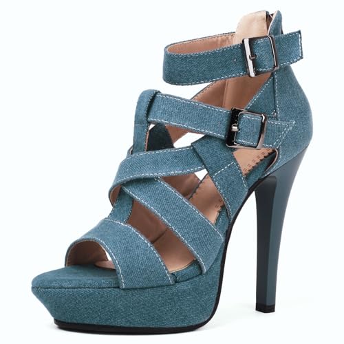 Roimaash Pole Dance Heels Stiletto Hohe Ferse Sommer Bootie Gladiator Sandalen Plateau 5 Inch Exotic Dancer ScHohe Peep Toe Criss Cross Denim Blue Size 39 von Roimaash