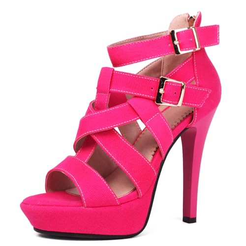 Roimaash Pole Dance Heels Stiletto Hohe Ferse Sommer Bootie Gladiator Sandalen Plateau 5 Inch Exotic Dancer ScHohe Peep Toe Criss Cross Denim Pink Size 35 von Roimaash