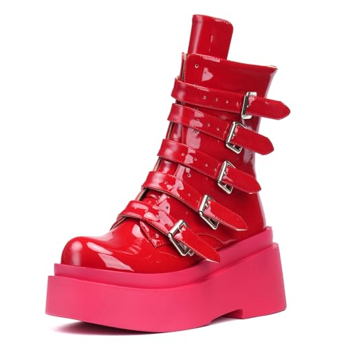 Roimaash Stylish Plateau Gotisch Stiefel Ankle High Latex Punk Stiefel Keilabsatz Strappy Belt Zipper Runde Zehen Kampfstiefel Thick Sole Lack Red Size 37 von Roimaash