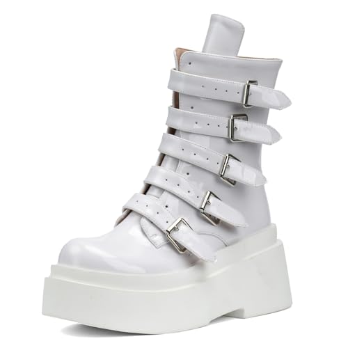 Roimaash Stylish Plateau Gotisch Stiefel Ankle High Latex Punk Stiefel Keilabsatz Strappy Belt Zipper Runde Zehen Kampfstiefel Thick Sole Lack White Size 35 von Roimaash