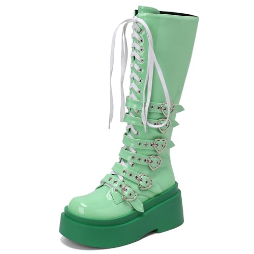 Roimaash Stylish Plateau Gotisch Stiefel Mid High Latex Punk Stiefel Keilabsatz Strappy Belt Zipper Runde Zehen Kampfstiefel Thick Sole Lack Green Size 35 von Roimaash