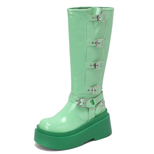 Roimaash Stylish Plateau Gotisch Stiefel Mid High Latex Punk Stiefel Keilabsatz Strappy Belt Zipper Runde Zehen Kampfstiefel Thick Sole Lack Green Size 42 von Roimaash