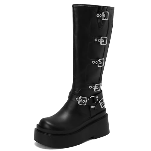 Roimaash Stylish Plateau Gotisch Stiefel Mid High Latex Punk Stiefel Keilabsatz Strappy Belt Zipper Runde Zehen Kampfstiefel Thick Sole PU-Black Size 36 von Roimaash