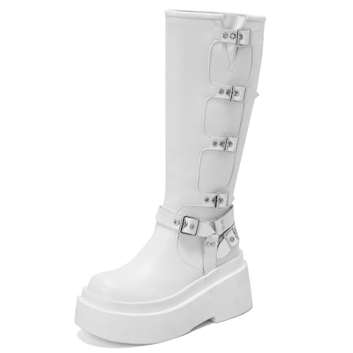 Roimaash Stylish Plateau Gotisch Stiefel Mid High Latex Punk Stiefel Keilabsatz Strappy Belt Zipper Runde Zehen Kampfstiefel Thick Sole PU-White Size 43 von Roimaash