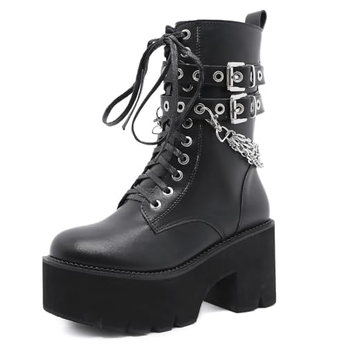 Roimaash Stylish Plateau Kn?chel Stiefel Chunky Heels Goth Stiefeletten Flachform Schnüren Kampfstiefel Metal Chain Schnalle Belt Cosplay Stiefel Black Size 36 von Roimaash