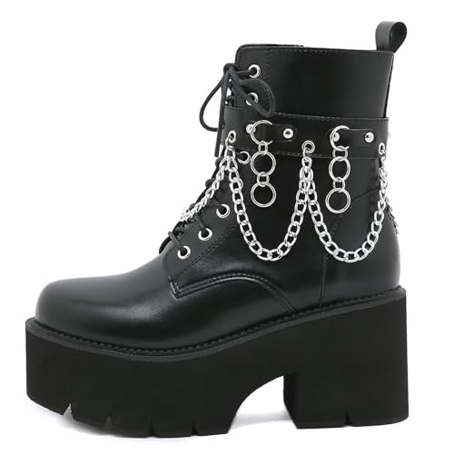 Roimaash Stylish Plateau Kn?chel Stiefel Chunky Heels Goth Stiefeletten Flachform Schnüren Kampfstiefel Metal Chain Schnalle Belt Cosplay Stiefel Black Size 40 von Roimaash