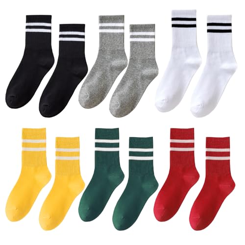 Roinaid 6 Paar Damensocken mit Farbstreifen Retro Tennissocke, Tennissocken mit Motiv Damen Sneaker Socken, Tennissocken Retro-Casual-Sportsocken Sportsocken Damen (6 farbe) von Roinaid