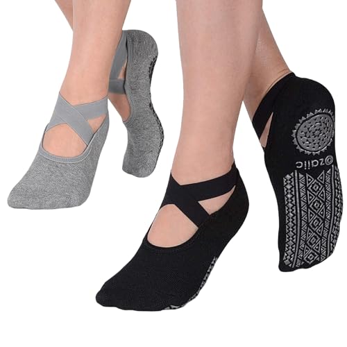 Roinaid Yoga Socken 2 Paar Pilates Socken, Yoga-Socken Für Damen, Yogasocken Anti Rutsch Socken Damen, Antirutsch Socken Damen Yoga Socken Rutschfest für Yoga, Barre, Pilates, Tanz(Schwarz, Grau) von Roinaid