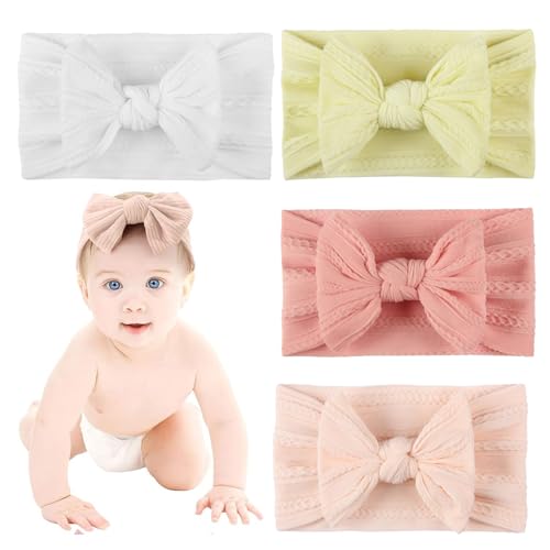 Stirnband Baby Mädchen, 4 Stück Baby Haarband, Baby Girls Nylon Headbands, Weiches Baby Schleifen Haarbänder, Neugeborene Kleinkinder Babyschmuck (Rosa/Weiß/Beige/Pfirsich) von Roinaid