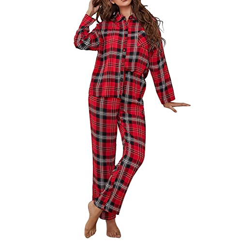 Rojeam Schlafanzug Damen Lang mit Knopfleiste Pyjamas Set Langarm Zweiteiliger Nachtwäsche Hausanzug von Rojeam