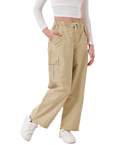 Rolanko Baggy Cargo Fallschirmhose für Mädchen, Y2K Vintage Jogger mit Verstellbarer Elastischer Taille für Kinder Fit, Khaki, Größe: 150 von Rolanko