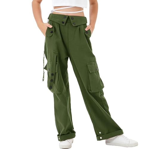 Rolanko Baggy Cargo Hose für Mädchen, Elastische Taille mit Mehreren Taschen Weites Bein Cargohose für Kinder, Grün, Größe: 160/11-12 Jahre von Rolanko