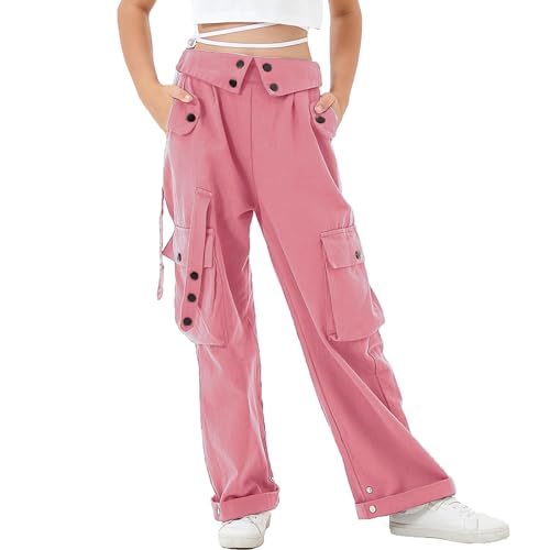 Rolanko Baggy Cargo Hose für Mädchen, Elastische Taille mit Mehreren Taschen Weites Bein Cargohose für Kinder, Rosa, Größe: 150/10-11 Jahre von Rolanko