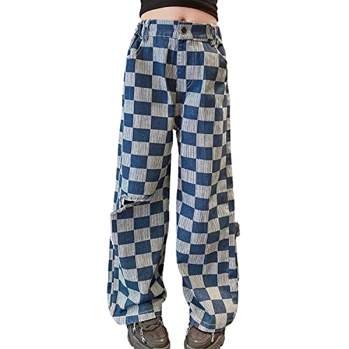 Rolanko Mädchen Jean Hosen Loch Denim Blau Jeans, Vintage Hose mit Weitem Bein für Kinder Fit, Blue Checkered, Größe: 170 von Rolanko