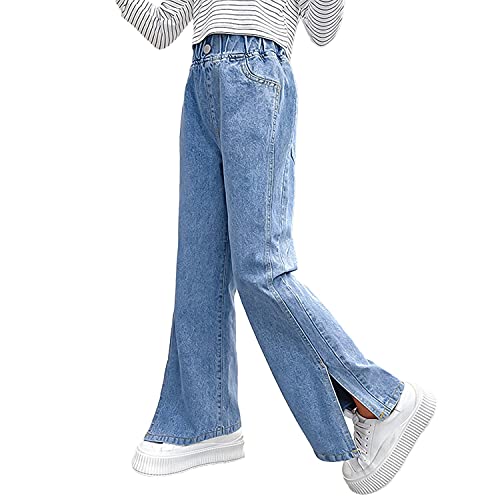 Rolanko Mädchen Jean Hosen Loch Denim Blau Jeans, Vintage Hose mit Weitem Bein für Kinder Fit, Blue Split, Größe: 150 von Rolanko