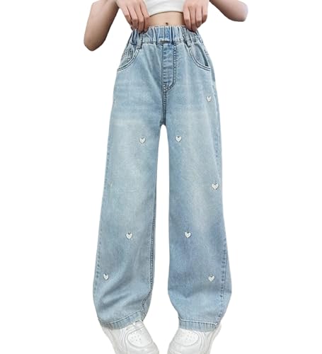 Rolanko Mädchen Jean Hosen Loch Denim Blau Jeans, Vintage Hose mit weitem Bein für Kinder Fit, Herz Stickerei, Größe: 11-12 Jahre/160 Rolanko Mädchen Jean Hosen Loch Denim Blau Jeans, Vintage Hose mit weitem Bein für Kinder Fit, Herz Stickerei, Größe: 11-12 Jahre/160 von Rolanko