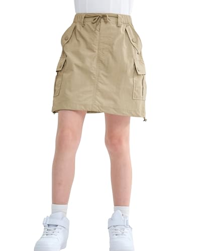 Rolanko Mädchen Röcke Innere Shorts mit Taschen, Verstellbare Fallschirm Cargo Sport Skort mit Elastischem Bund, Khaki, Größe: 8-9 Jahre/140 von Rolanko