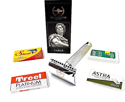 Roman Empire Shaving® Rasierhobel Caesar - Eleganter Safety Razor für Damen & Herren - Nassrasierer Set inkl. 20 Rasierklingen von Astra, Derby, Shark, Treet - Rasier Set von Roman Empire Shaving