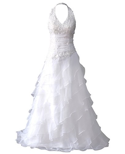 Romantic-Fashion Brautkleid Hochzeitskleid Weiß A-Linie Lang Satin Stickerei Perlen Pailletten DE Modell W041 Größe 42 von Romantic-Fashion