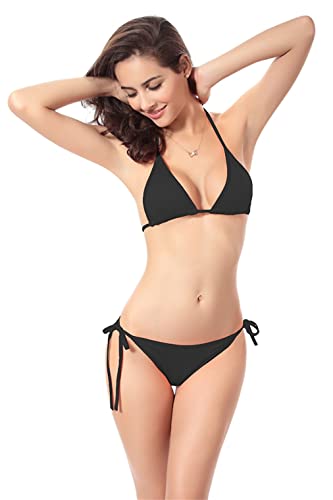 Ronronner Damen Bikini Brasilianische Zweiteiliger Badeanzug Push-up V-Ausschnitt Badeanzug Strandbekleidung Dreieck Bikini Damen Badeanzug Tanga Badeanzug Niedrige Taille Tanga, Schwarz , XL von Ronronner