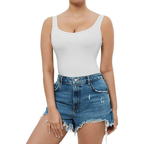 RoomTour Body Damen Elegant Ärmellos Bodysuit Tops Damenbody for damen Stringbody U-Ausschnitt 1-Weiß XXL von RoomTour