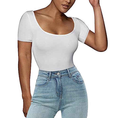 RoomTour Body Damen Elegant Kurz Bodys for damen Bodysuit Tops for damen Stringbody Runder Kragen weiß XL von RoomTour