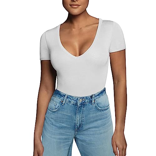 RoomTour Body Damen Elegant Kurz Bodysuit Tops Damenbody for damen Stringbody V Kragen 1-Weiß M von RoomTour