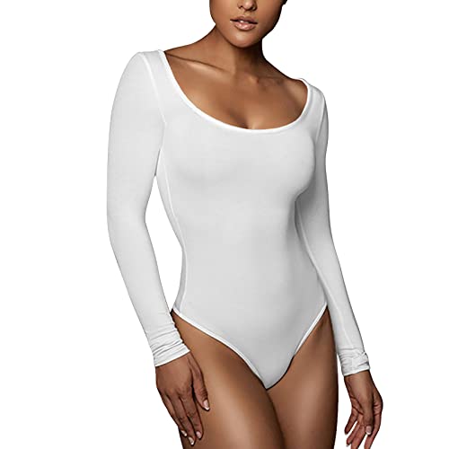 RoomTour Body Damen Elegant Langarm Bodys for damen Bodysuit Tops for damen Stringbody 1-Weiß L von RoomTour