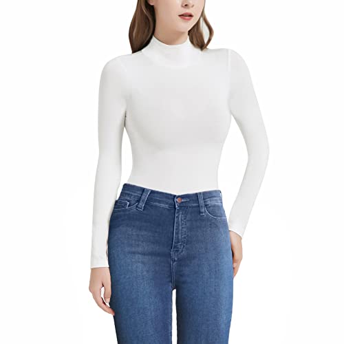 RoomTour Body Damen Elegant Langarm Bodys für damen Bodysuit Tops for damen Hochgeschlossen Elegant Bodysuit Weiß M von RoomTour