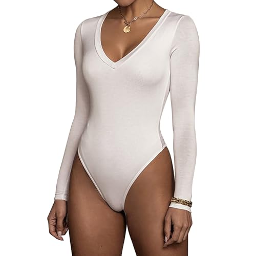 RoomTour Body Damen Elegant Langarm Bodysuit Tops Damenbody for damen Stringbody 1-Weiß XL von RoomTour