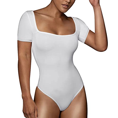 RoomTour Bodysuit Tops Elegant Kurz Body Damen Damenbody for damen Stringbody Quadratischer Kragen Weiß M von RoomTour