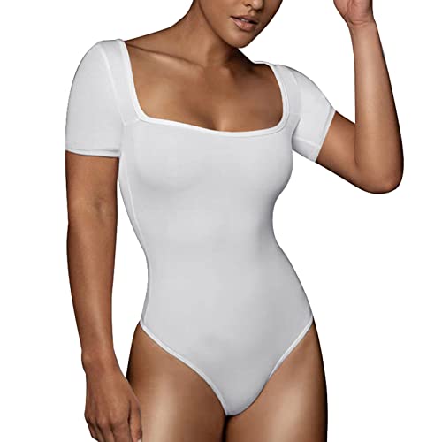 RoomTour Bodysuit Tops Elegant Kurz Body Damen Damenbody for damen Stringbody Quadratischer Kragen Weiß S von RoomTour