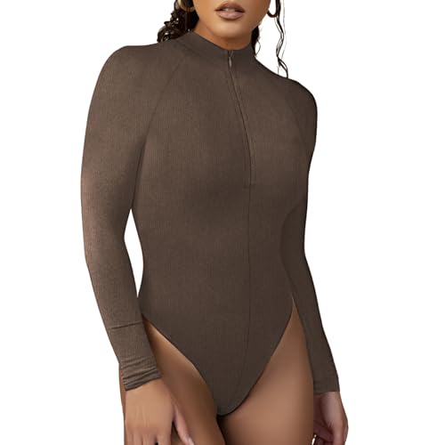 RoomTour Damen Body Leotard Hoher Kragen Bodysuits Elegant Langarm body für Frauen mit Reißverschluss Jumpsuit Tops 2-Braun S von RoomTour