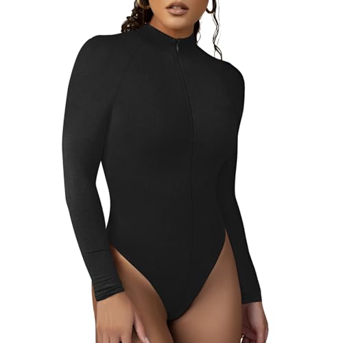 RoomTour Damen Body Leotard Hoher Kragen Bodysuits Elegant Langarm body für Frauen mit Reißverschluss Jumpsuit Tops 2-Schwarz L von RoomTour