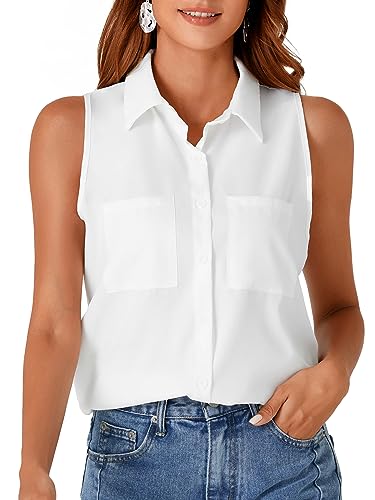 Rooscier Damen Kragen V Ausschnitt ärmellose Knopfleiste Bluse Top Shirt mit Taschen, Weiss/opulenter Garten, Groß Rooscier Damen Kragen V Ausschnitt ärmellose Knopfleiste Bluse Top Shirt mit Taschen, Weiss/opulenter Garten, Groß von Rooscier