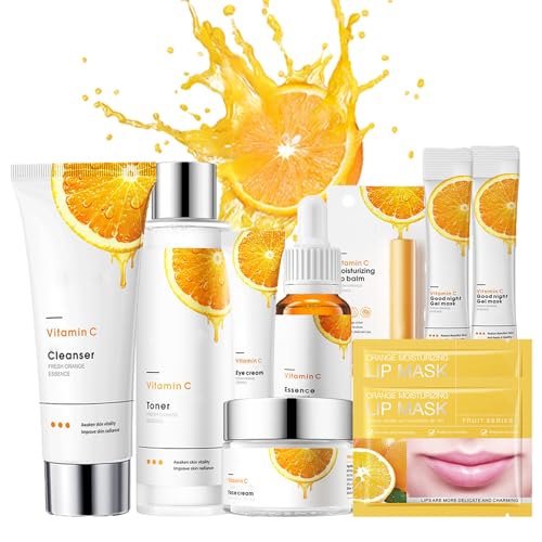 Rosarden Vitamin C Gesichtspflege Set für Teenager-Mädchen und Frauen, Skin Care Set Anti-Aging Feuchtigkeitsspendende Hautpflege Set mit Vitamin C Serum, Gesichtscreme (10-tlg) von Rosarden