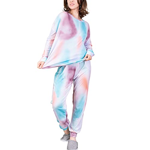 Rose Halcyon Schlafanzug Damen Tie Dye Drucken Pyjama Set aus Baumwolle mit Lang Ärmel 2-teiliger Rundhalsausschnitt Hausanzug für Frauen, Blau Galaxy M 38 von Rose Halcyon