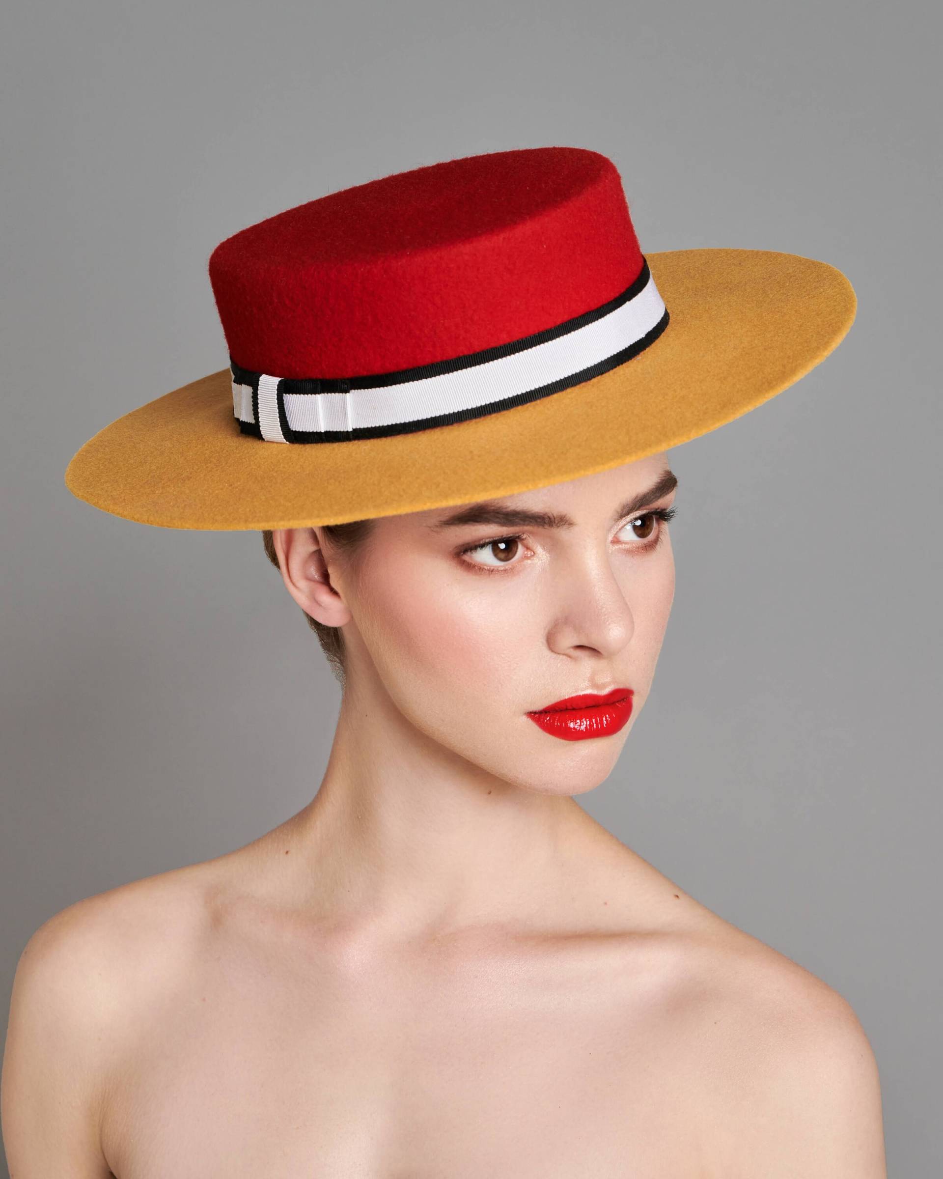 Rubyyellow - Red Und Mustard Boater Hat, Ideal Für Henley Regatta, Gartentee, Wintermütze, Mutter Der Braut, Bräutigam, Royal Ascot, Damentag von RoseCollinsMillinery