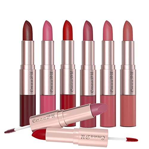 Rose Flower 2 in 1 Lipstick Set 6Pcs Matte Nude Liquid Lipstick Non-stick Long Lasting Lip Gloss Kit High Shine for Fuller Looking Lips, Pigmented Lip Makeup Gift Sets for Girls and Women(A) von RoseFlower