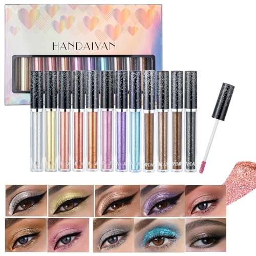 RoseFlower 12 Farben Flüssiger Glitzer Lidschatten Augen Make-Up Set, Glitter Eyeliner Liquid Set des Augenmake-ups Schimmer Metallic Lidschatten Langlebiger Shimmer Für Cosplay Party Makeup von RoseFlower