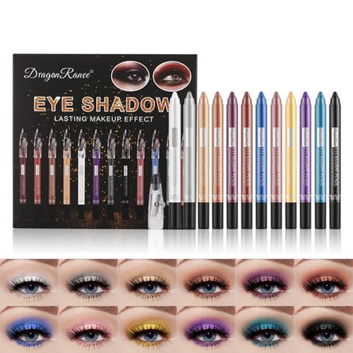 RoseFlower 12 Farben Wasserdicht Lidschatten Stift Set mit Anspitzer, Metallic Lidschattenstift Eyeliner, Glitter Lidschattenstift langanhaltend und Für Einfaches Auftragen, Make-up-Geschenk von RoseFlower